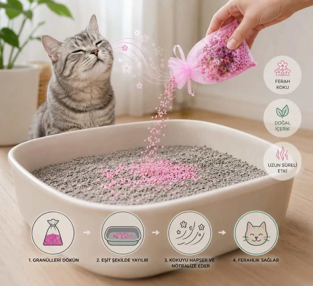 Kokulu renkli granül - Kedi kumu koku giderici uygulama